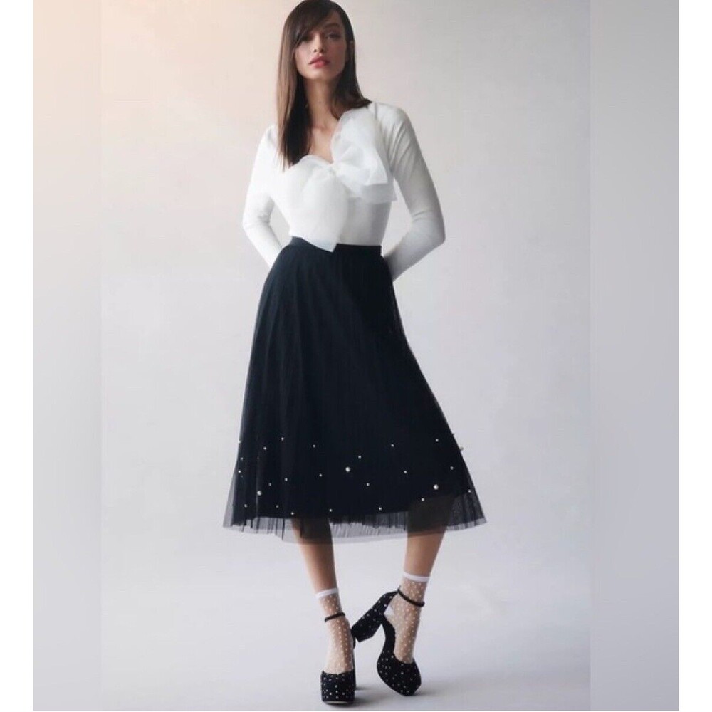 Anthropologie Daniel Rainn Women Pull On Black Tulle Pearl Preppy Skirt Sz M NWT